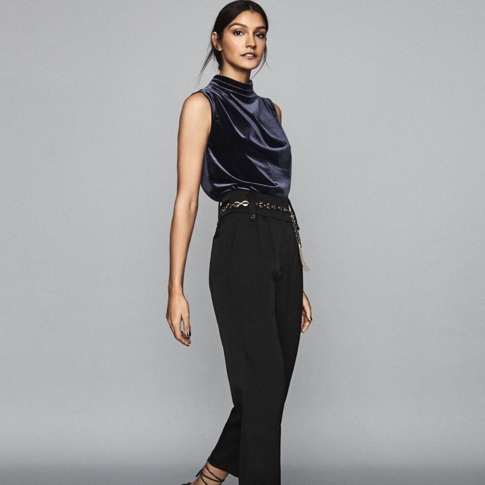 Reiss Velvet Sleeveless Cowl Neck Top in Navy - Picture 3 of 12